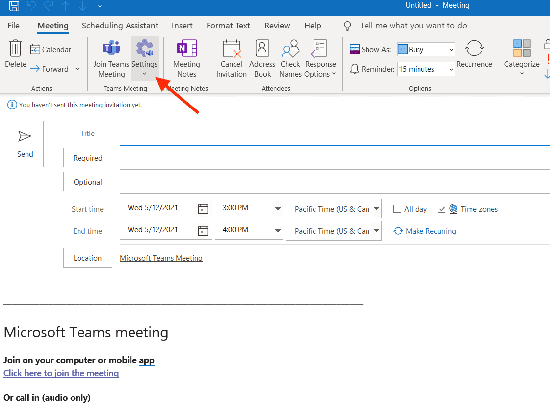 Teams Meeting options from Outlook
