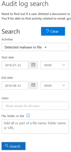Office 365 audit log search malware found