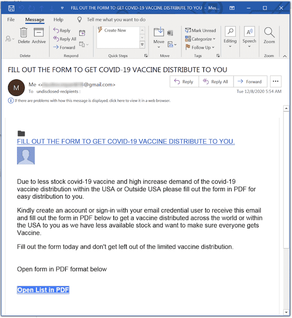 vaccine phishing message